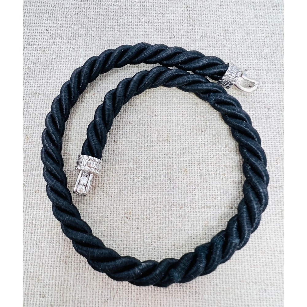 Judith Ripka Sterling Silver Black Silk Twisted Rope Cord CZ Necklace 17in